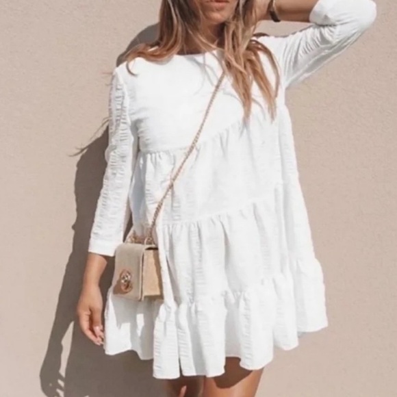 Zara Dresses & Skirts - Zara Ivory The Sharon Textured Tiered 3/4 Sleeve Mini Dress Size S